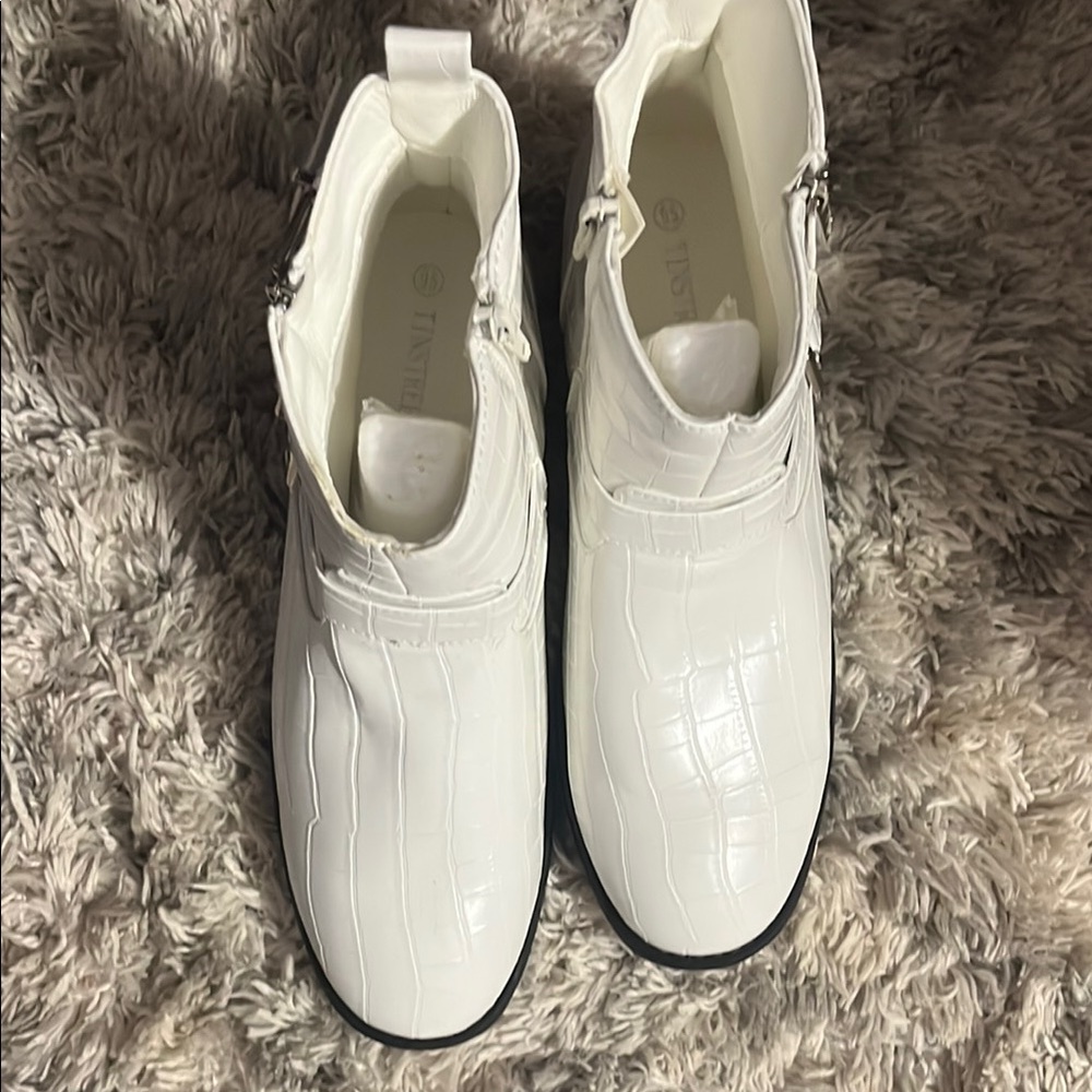 White Croc-Embossed Ankle Boots